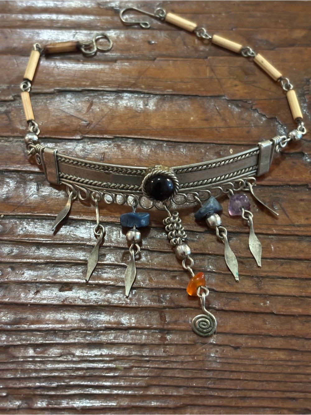 Silver Vintage Charm Bracelet with Multicolor Gem Accents and Wood Bead Chain